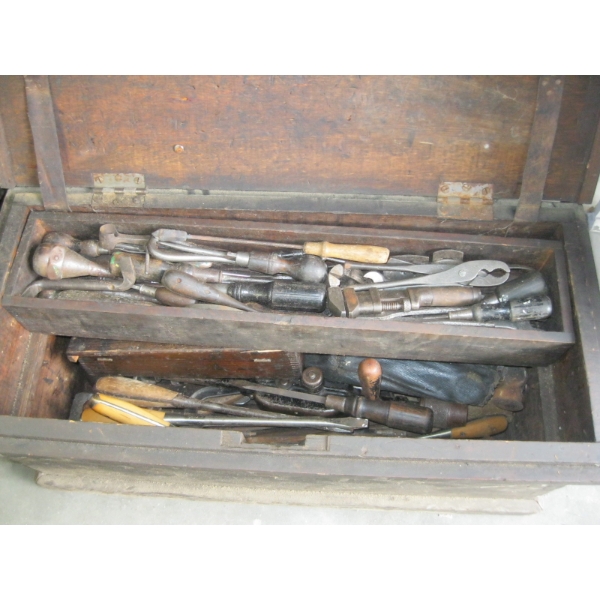 WOODEN TOOL CHEST W/ASST. VINTAGE TOOLS: SCREWDRIVERS, PLIERS, ETC.