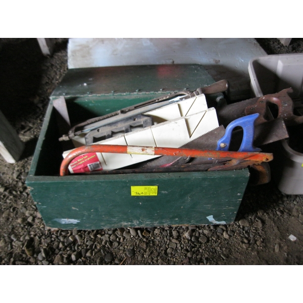 WOOD CRATE W/MISC. SAWS, MITER BOX, ETC.