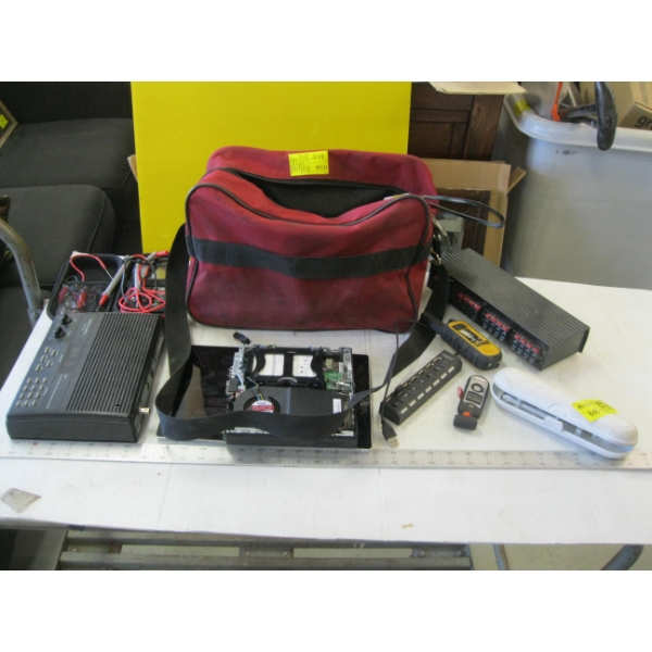 ASST. ELECTRONICS - SPEAKER SELECTOR, TEST MULTI METER, ETC. & BAG W/CHARGER, ETC.