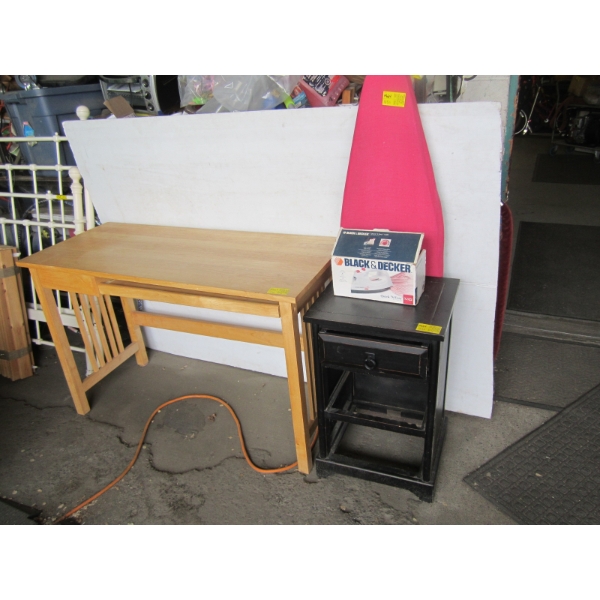 PINE STUDENT DESK, BLACK END TABLE, PINK IRONING BOARD W/IRON