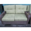 Image 1 : BROWN PLASTIC WICKER LOOK LOVESEAT W/GREEN CUSHIONS