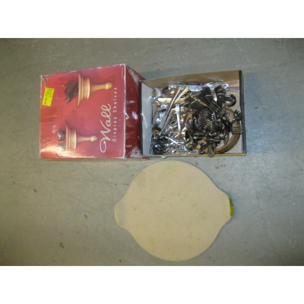 ASST. CUTLERY, PAMPERED CHEF PIZZA STONE & A WALL MOUNT DISPLAY SHELVES
