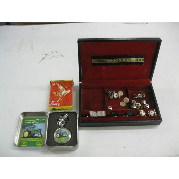 JOHN DEERE POCKET WATCH, BOX OF ASST'D CUFFLINKS & A DECK OF CARDS
