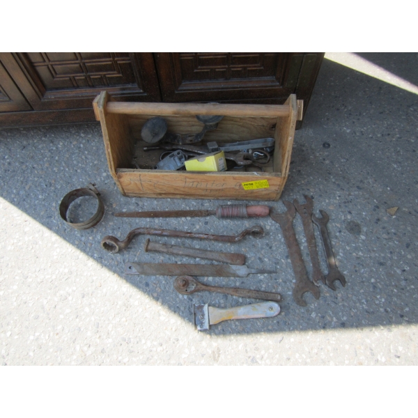 WOODEN TOOL TOTE W/MISC. TOOLS