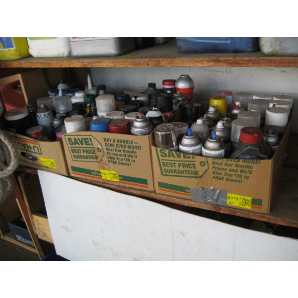 3 BOXES OF MISC. PAINTS, CLEANERS, OILS, ETC.