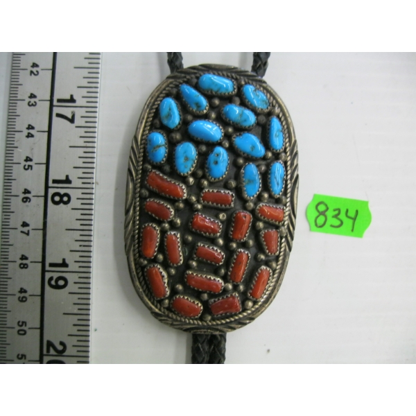 SILVER W/CORAL & TURQUOISE STONE BOLO TIE, STAMPED WW & STERLING