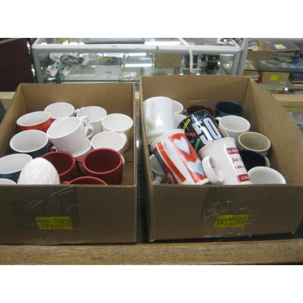 2 BOXES OF ASST. MUGS, ETC.