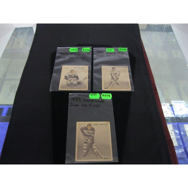 3 - 1933 WORLD WIDE GUM ICE KINGS HOCKEY CARDS - ROY WORTERS, "RED" BEATTIE & GEO. PATTERSON