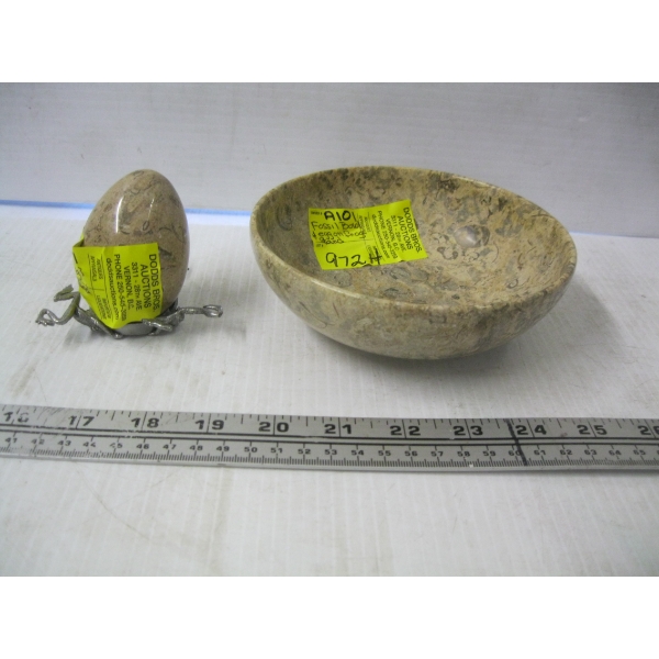 FOSSIL BOWL & EGG ON FROG STAND