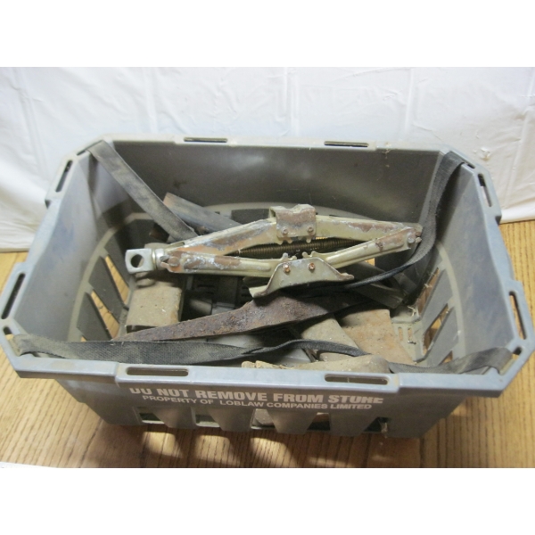 BIN OF MISC. SPLITTING MAUL HEADS, SLEDGE, RECEIVER HITCH, JACK, ETC.