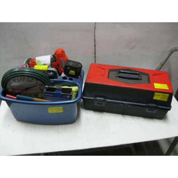 BIN OF MISC. CORDLESS DRILL, TOOLKIT, CLOCK, ETC.