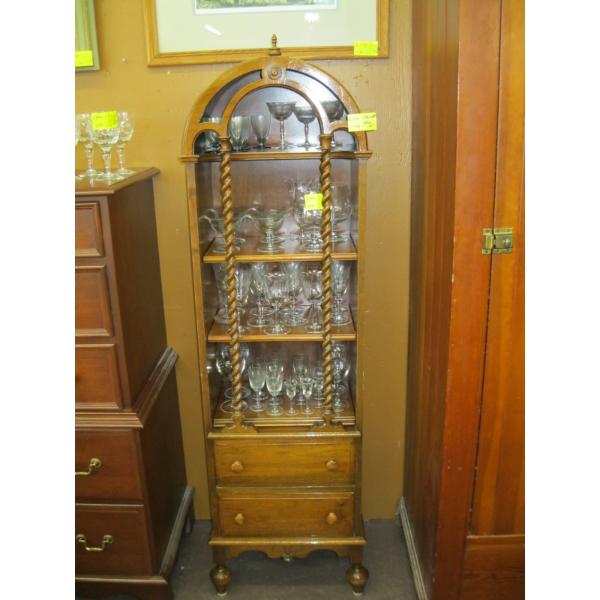 VERY ORNATE 2 DRAWER, 4 SHELF DOME TOP CABINET W/BARLEY TWIST FRONT