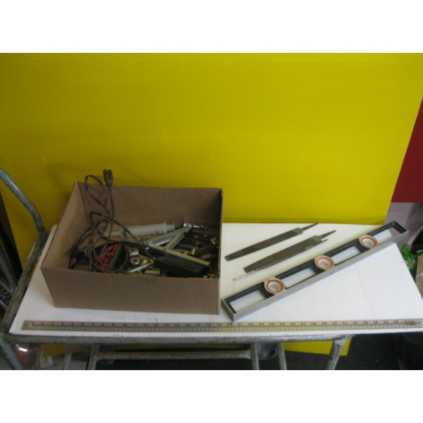 MISC. TOOLS, 100' TAPE MEASURE, DRILL BITS, LEVEL, FILES, ETC.