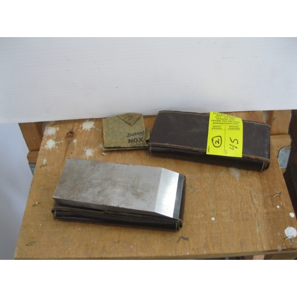 2 LEATHER CASED ROCKWELL GUILLOTINE PLANNER KNIVES SAMPLE OF SOLID STEEL DBL ZANOGEN-SALESMAN SAMPLE