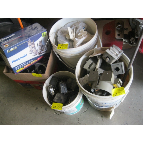 ASST. ELECTRONICS: TELEPHONES, MICROPHONE, ETC. & 3 BUCKETS OF MISC. ELECTRICAL