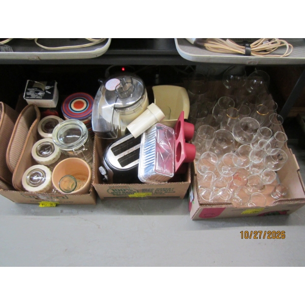 3 BOXES MISC. CANNISTERS, TOASTER, GLASSES, ETC.