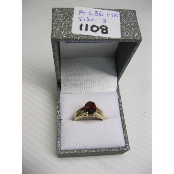 14KT RING W/RED STONE W/SM. DIAMONDS, 4.8G, SZ 8