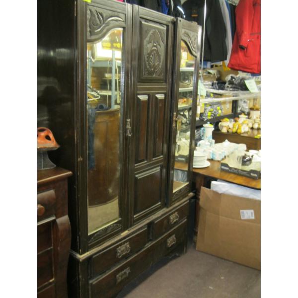 ANTIQUE WARDROBE - MIRRORED DOORS (1 CRACKED) & 3 DRAWERS - MISSING TOP