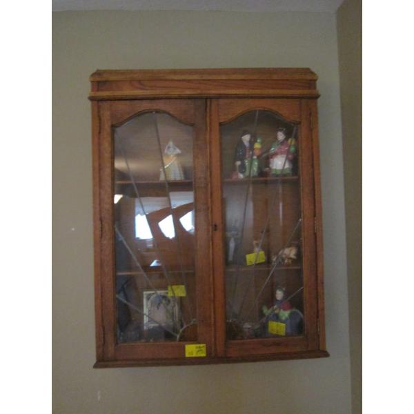 LEADED GLASS DOORED CABINET  W/KEY - MOUNTED ON WALL