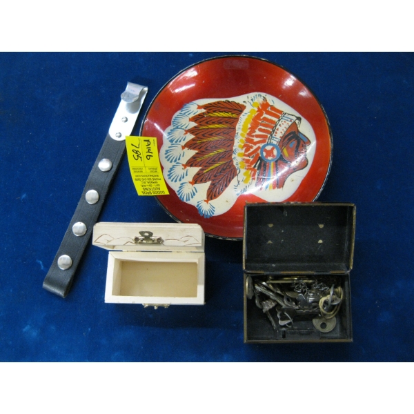 SM. TIN W/ASST. KEYS & WOODEN CARVED BOX BY RALPH BRETT & DECORATIVE BOWL