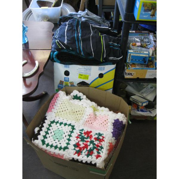 3 LG. BOXES OF ASST. BEDDING, CROCHET BLANKETS, ETC.
