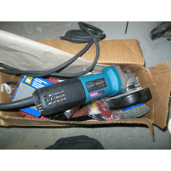 AS NEW MAKITA ANGLE GRINDER W/ASST. WIRE WHEELS, ETC.