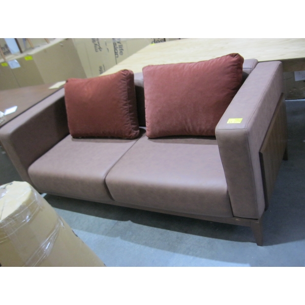 BROWN SOFA W/2 CUSHIONS & WOOD PANEL SIDES