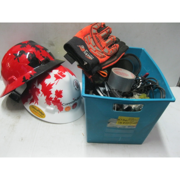 2 HARD HATS & BIN OF MISC. WIRES & TOOLS