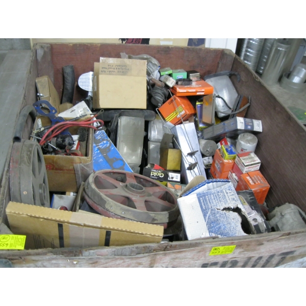 APPLE BIN W/MISC. FILTERS, AUTOMOTIVE PARTS, BANDSAW WHEELS, ETC.