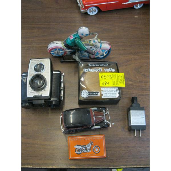 TIN WINDUP MOTORCYCLE RIDER, HARLEY CAP, BROWNIE CAMERA