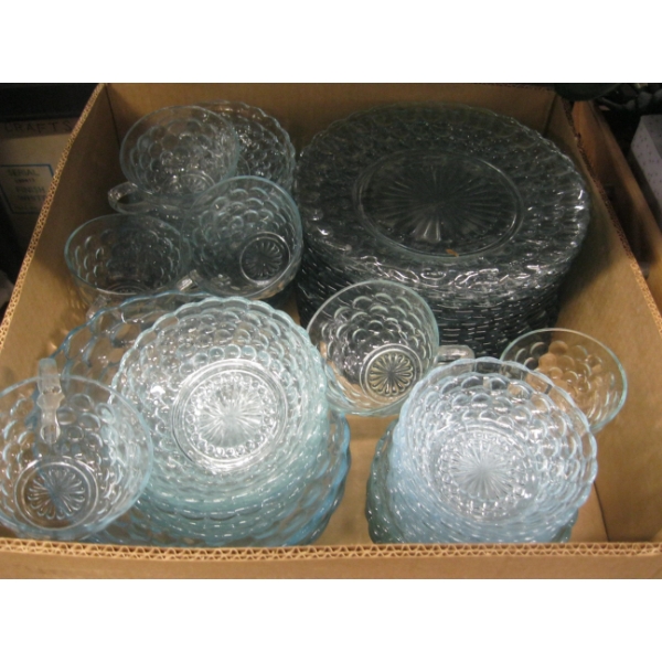 BOX OF ASST. BLUE GLASS HOBNAIL DISHWARE