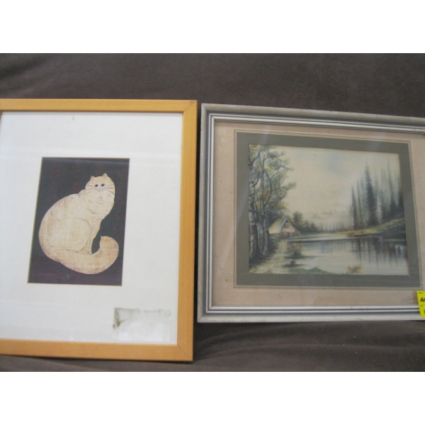 2 PIECES OF ARTWORK - WHITE CAT BY W. KIMBLE & LANDSCAPE OF RURAL VERNON