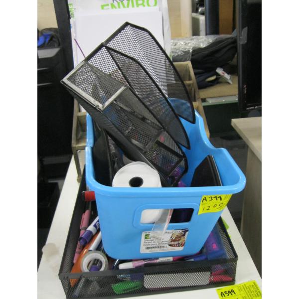 VARIOUS OFFICE SUPPLIES: PENS, FILE HOLDERS, ETC.