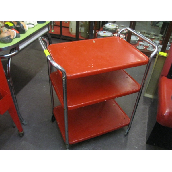 3 TIER RED & CHROME CART ON CASTORS