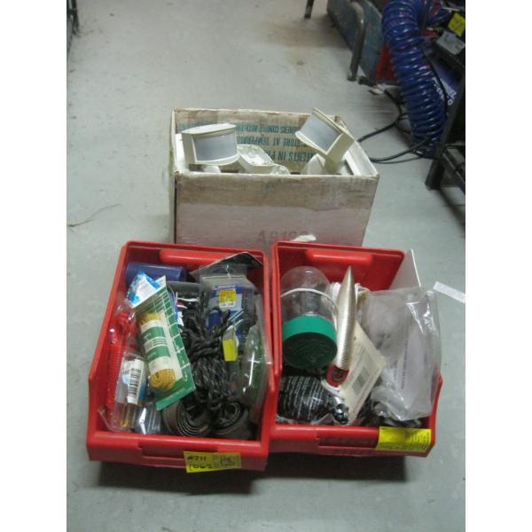 3 SM. CONTAINERS OF MISC. LIGHT SENSORS, FISHING STRING, HOLE SAWS, ETC.