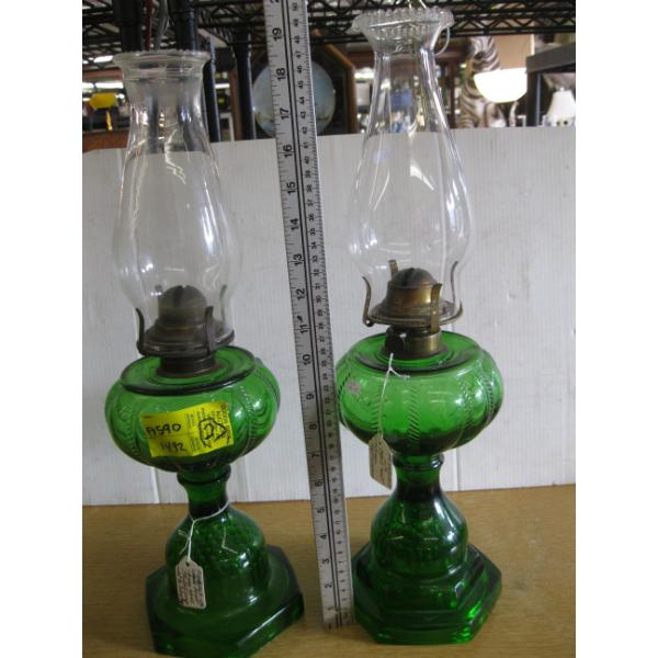 PAIR OF GREEN BASED OIL LANTERNS