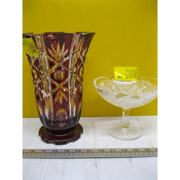 CRYSTAL CANDY DISH & LG. HEAVILY CARVED CRYSTAL VASE - CHIPPED