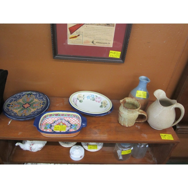 DECORATIVE COLORFUL PLATES & SERVING DISHES & 3 POTTERY PITCHERS