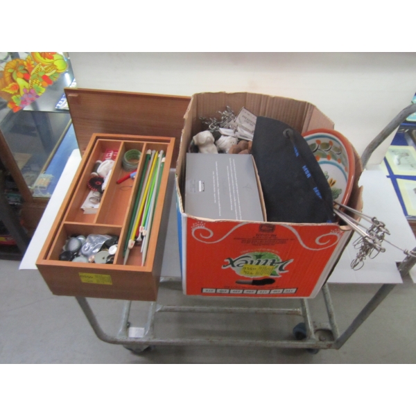 KNITTING BOX & BOX OF MISC. POTTERY PLATE, HALIBUT SPREADER BARS, FONDUE POT, ETC.