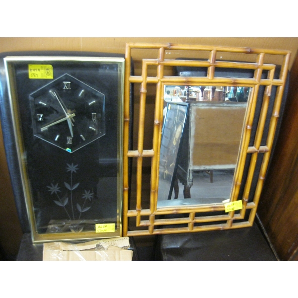 BAMBOO LOOK FRAMED MIRROR & A WALL CLOCK