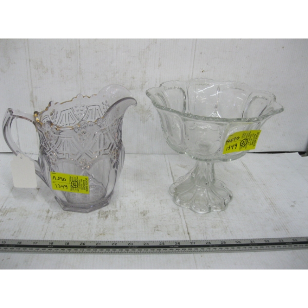 HEAVY VINTAGE GLASS ATHENIA WATER PITCHER & A MIRROR PLATE FRUIT BOWL