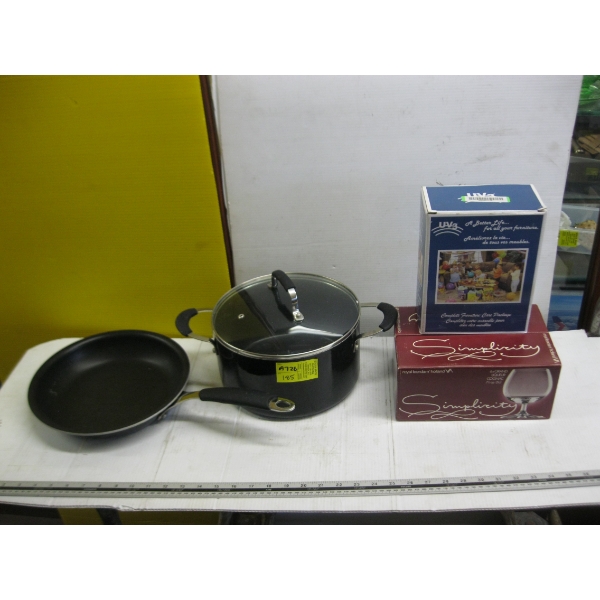 FRYING PAN, POT W/LID, BOX OF 6 COGNAC CUPS, ETC.