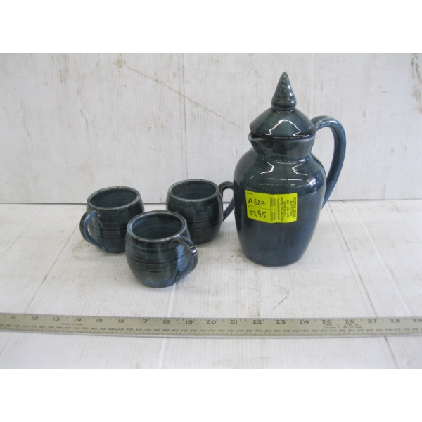 POTTERY DECANTER & 3 MUGS