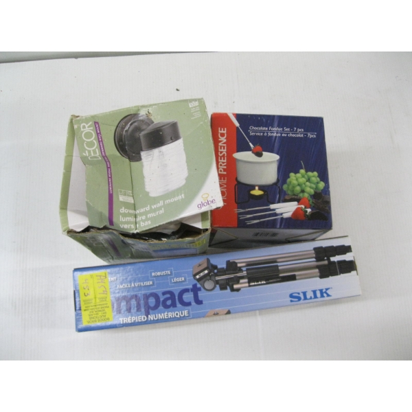 FONDUE POT, TRIPOD & LIGHT FIXTURE