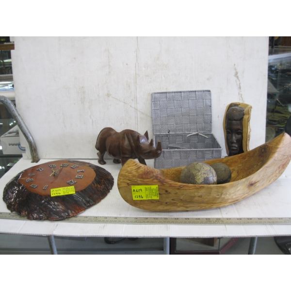 ASST. ITEMS - CARVED RHINO, CANOE, BURL CLOCK, ETC.