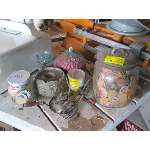 MISC. MILK BOTTLE TOPS, BOTTLECAPS, MIXER, ETC.