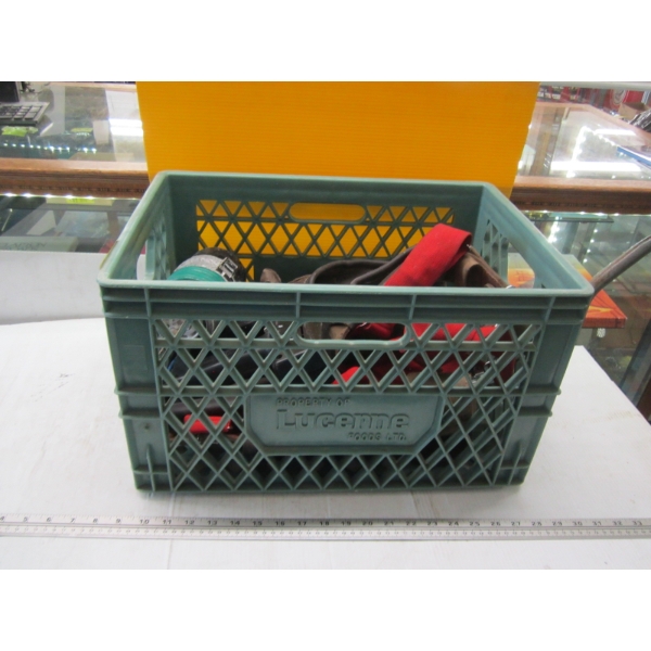 BIN W/MISC. ELECTRIC STAPLER, NAIL POUCHES, ETC.