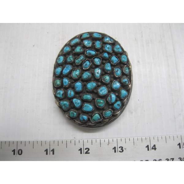 NAVAJO STERLING SILVER BELT BUCKLE W/TURQUOISE STONES, STAMPED STERLING