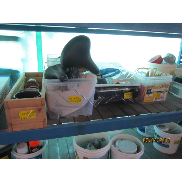 WOODEN PLANTER WITH POTS,PAINTING SUPPLIES, TROWELS, ETC.
