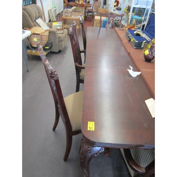 LG. DINING TABLE W/2 LEAFS, 8 CHAIRS & VELVET COVERS FOR TABLE